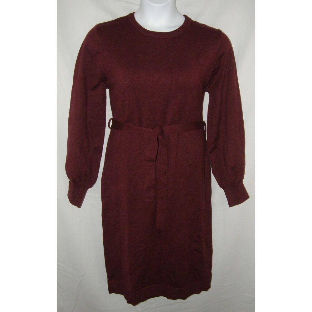 NEW Dark Wine Sz Large Business Casual Soft Stretchy Belted Sweater Dress MIROL